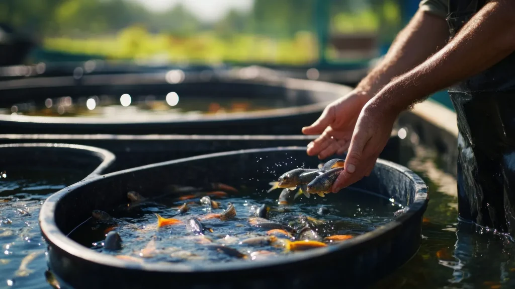 Mãos manejando peixes em tanque de piscicultura